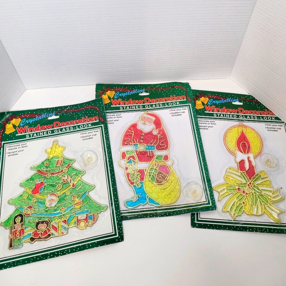 Crystalline NEW Vintage Stained Glass Look Holiday Window Decorations Lot of 3